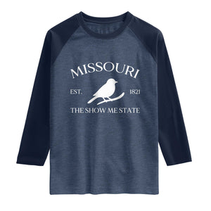 Vintage Blue Bird Missouri Raglan Shirt The Show Me State Pride TS12 Heather Denim Navy Print Your Wear