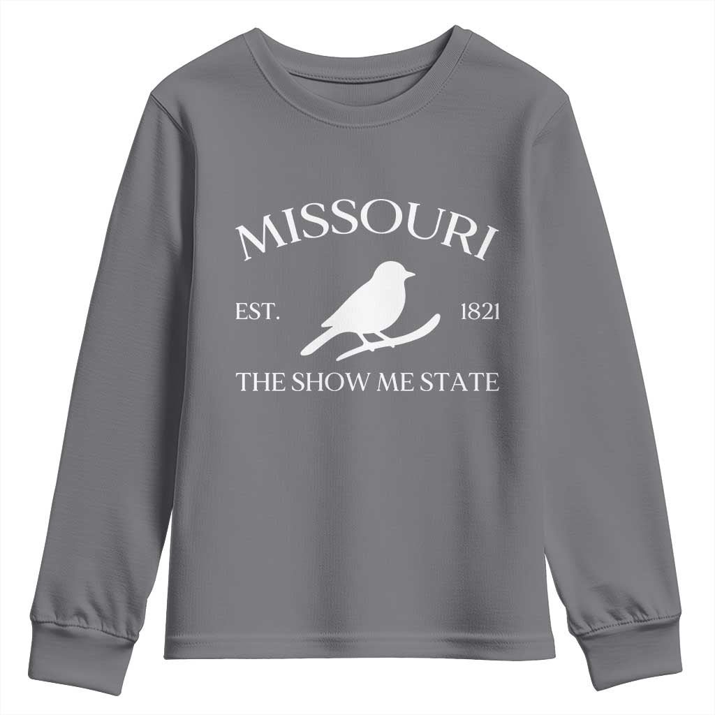 Vintage Blue Bird Missouri Youth Sweatshirt The Show Me State Pride TS12 Charcoal Print Your Wear