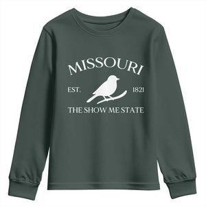 Vintage Blue Bird Missouri Youth Sweatshirt The Show Me State Pride TS12 Dark Forest Green Print Your Wear