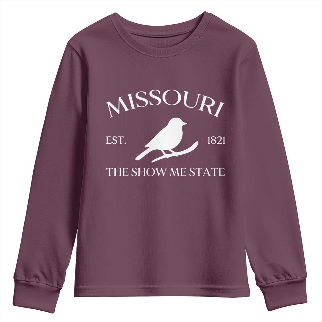 Vintage Blue Bird Missouri Youth Sweatshirt The Show Me State Pride TS12 Maroon Print Your Wear