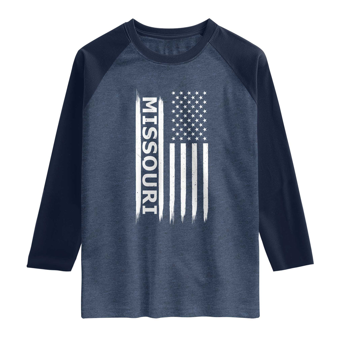 USA Flag Missouri State Pride Raglan Shirt Missourian Pride TS12 Heather Denim Navy Print Your Wear