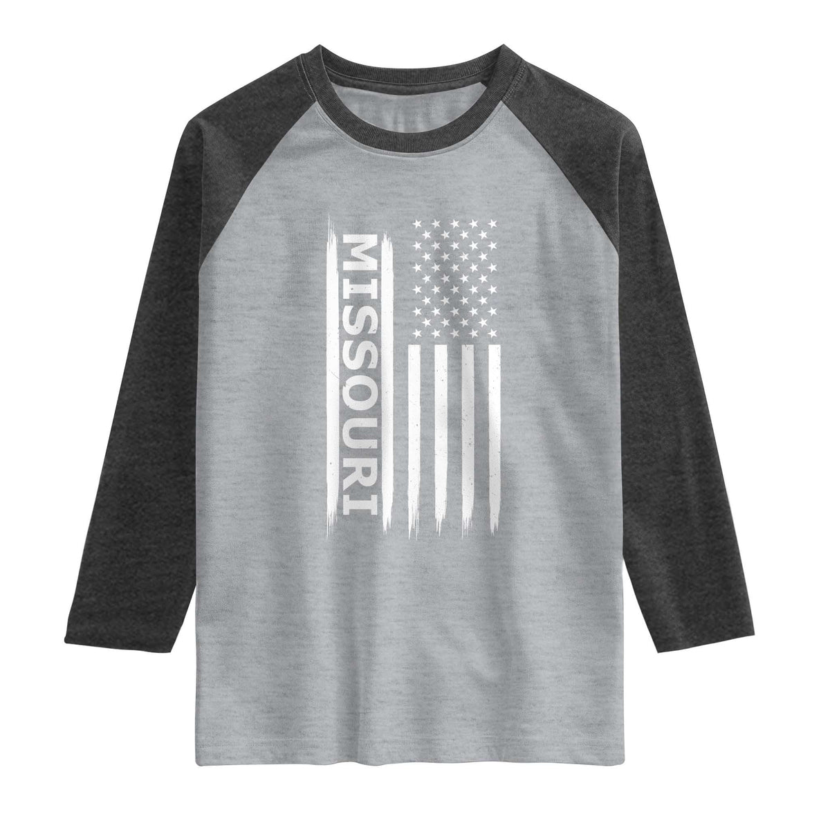 USA Flag Missouri State Pride Raglan Shirt Missourian Pride TS12 Heather Gray Heather Charcoal Print Your Wear