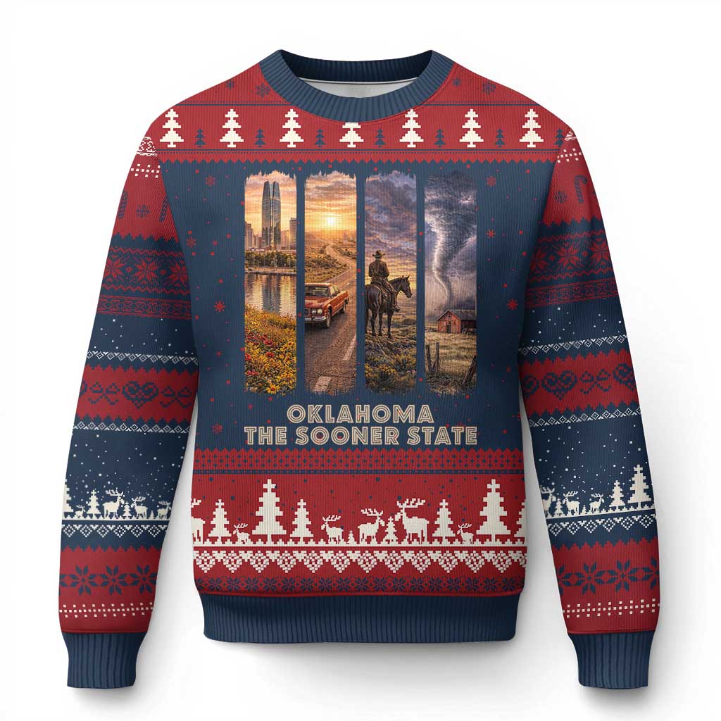 The Sooner State Pride Ugly Christmas Sweater Gift for Oklahomans TS12 Navy Red Print Your Wear