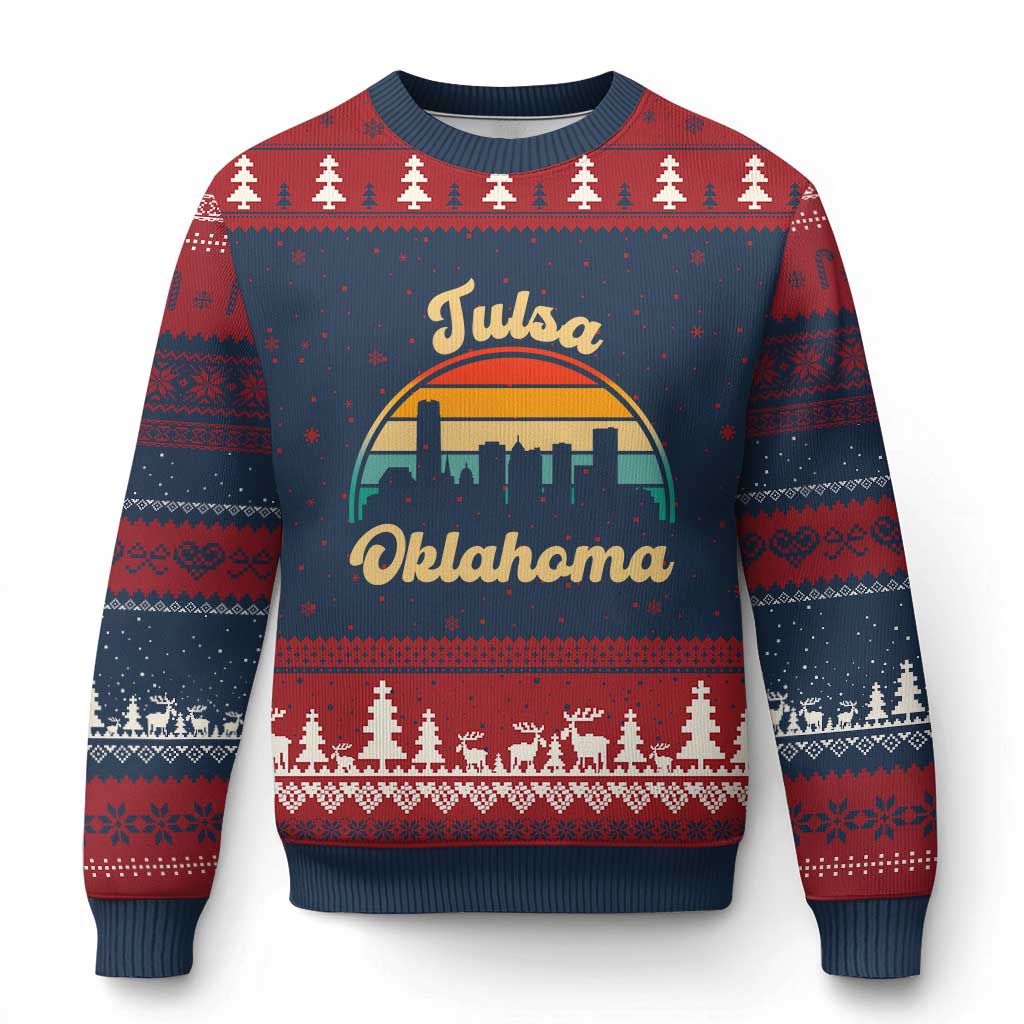 Vintage Tulsa Oklahoma Pride Ugly Christmas Sweater Proud Oklahoman Gift TS12 Navy Red Print Your Wear