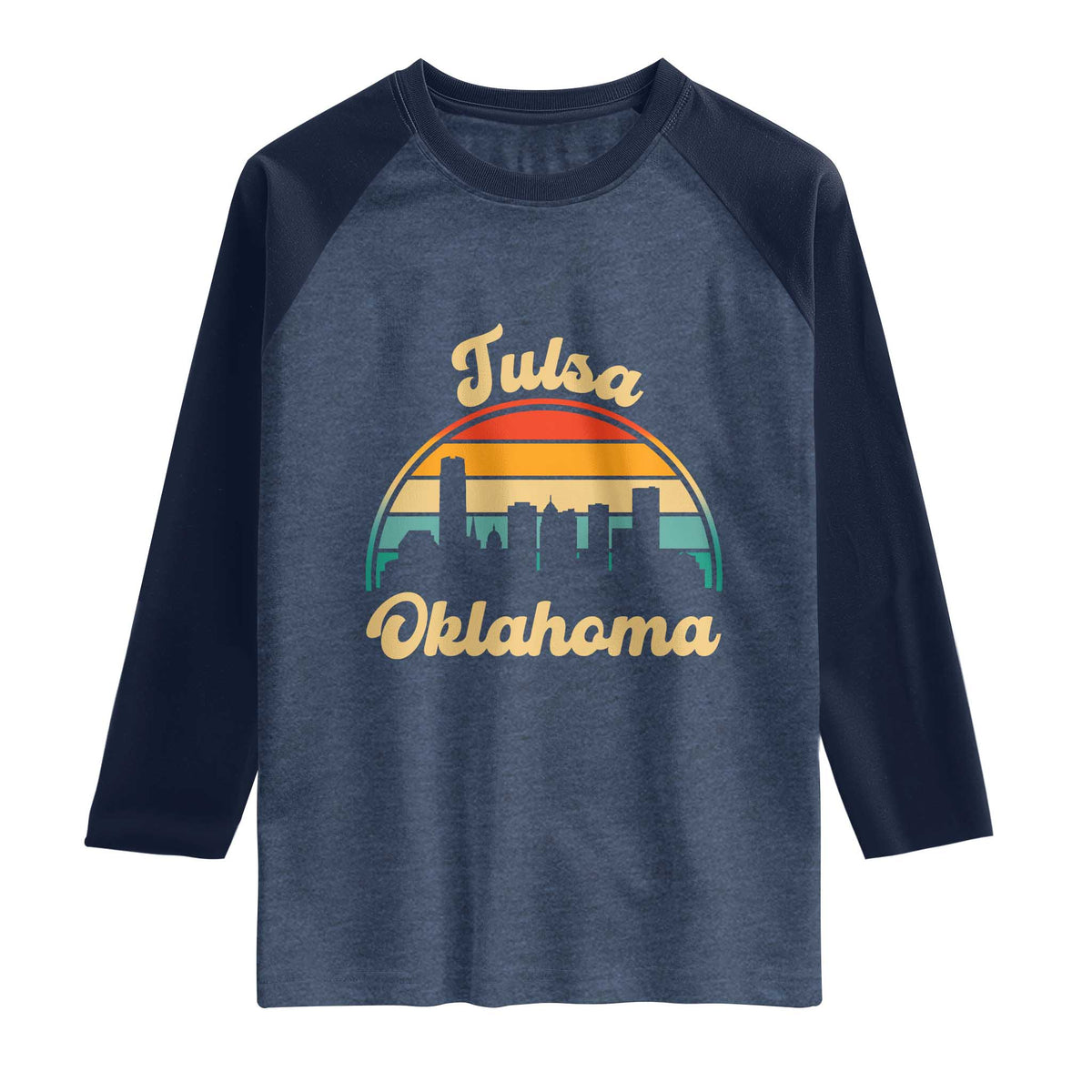 Vintage Tulsa Oklahoma Pride Raglan Shirt Proud Oklahoman Gift TS12 Heather Denim Navy Print Your Wear