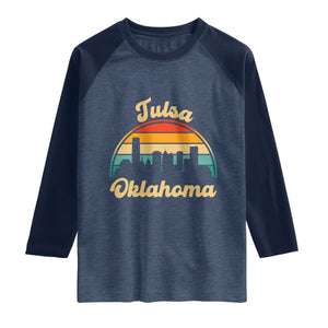 Vintage Tulsa Oklahoma Pride Raglan Shirt Proud Oklahoman Gift TS12 Heather Denim Navy Print Your Wear