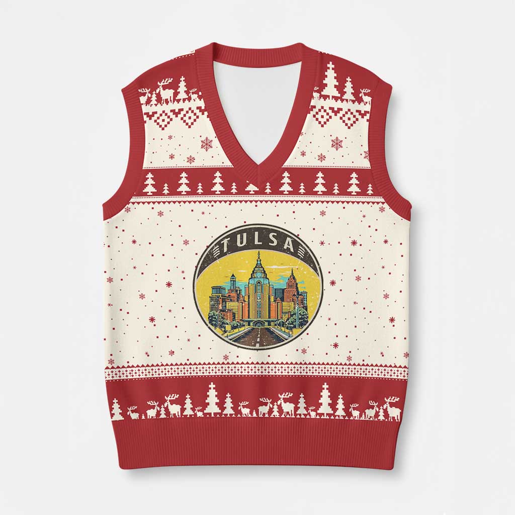Vintage Tulsa Oklahoma Cityscape Pride V-Neck Knit Sweater Vest TS12 Beige Red Print Your Wear