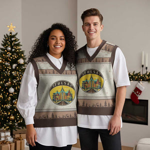 Vintage Tulsa Oklahoma Cityscape Pride V-Neck Knit Sweater Vest TS12 Mocha Mousse Print Your Wear