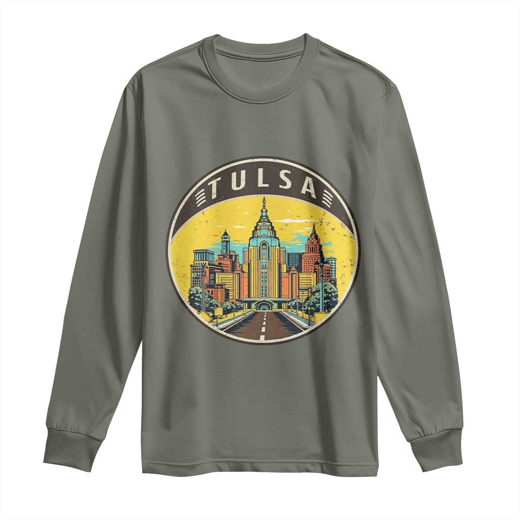Vintage Tulsa Oklahoma Cityscape Pride Long Sleeve Shirt TS12 Military Green Print Your Wear