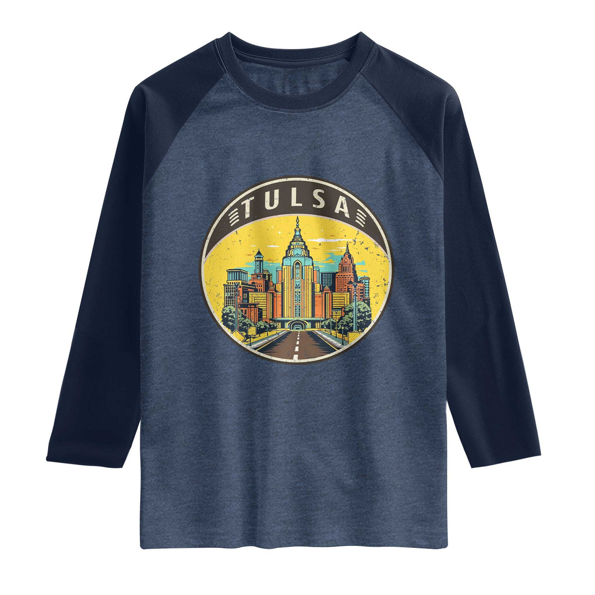 Vintage Tulsa Oklahoma Cityscape Pride Raglan Shirt TS12 Heather Denim Navy Print Your Wear