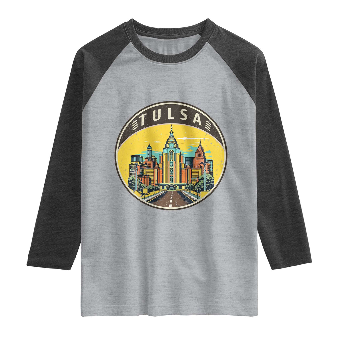 Vintage Tulsa Oklahoma Cityscape Pride Raglan Shirt TS12 Heather Gray Heather Charcoal Print Your Wear