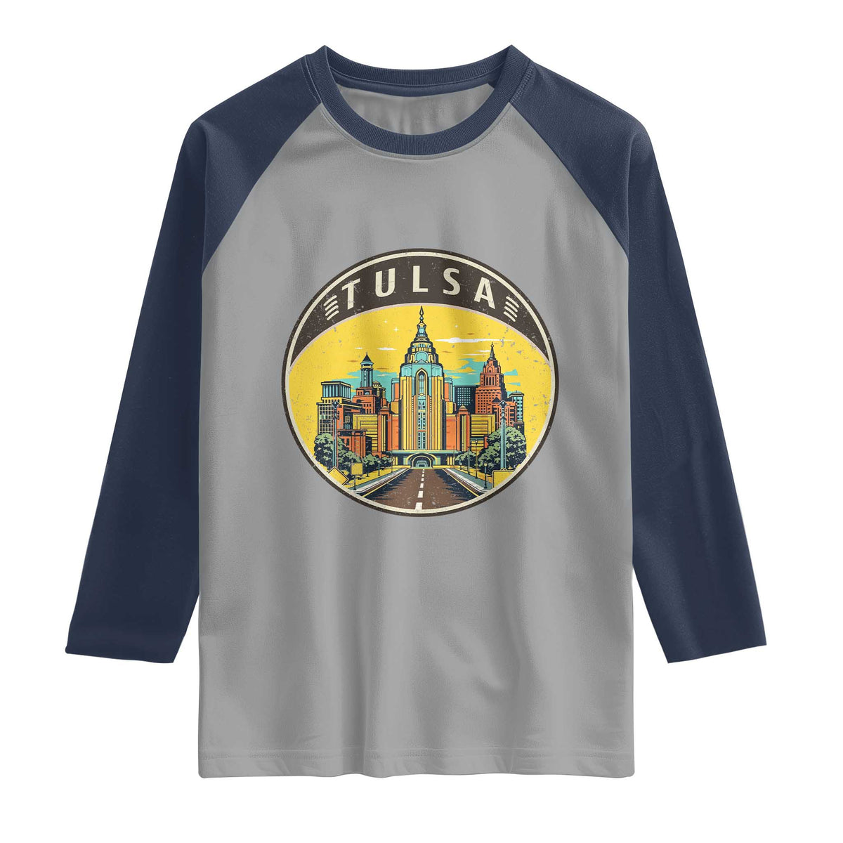 Vintage Tulsa Oklahoma Cityscape Pride Raglan Shirt TS12 Sport Gray Navy Print Your Wear