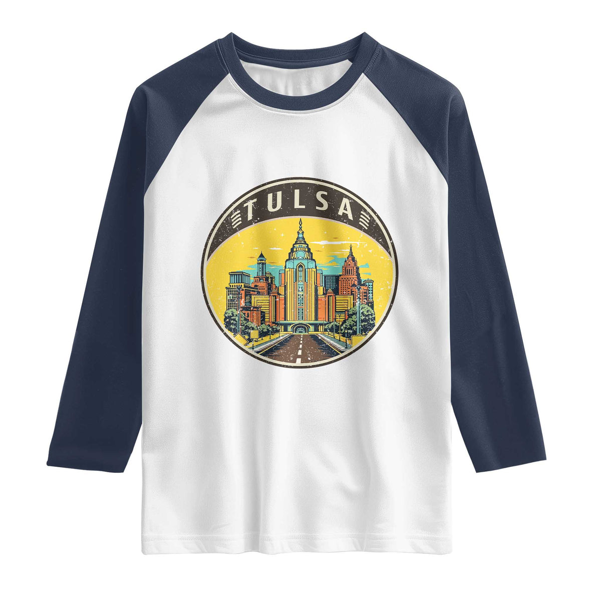 Vintage Tulsa Oklahoma Cityscape Pride Raglan Shirt TS12 White Navy Print Your Wear