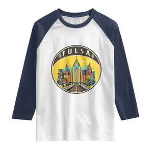 Vintage Tulsa Oklahoma Cityscape Pride Raglan Shirt TS12 White Navy Print Your Wear