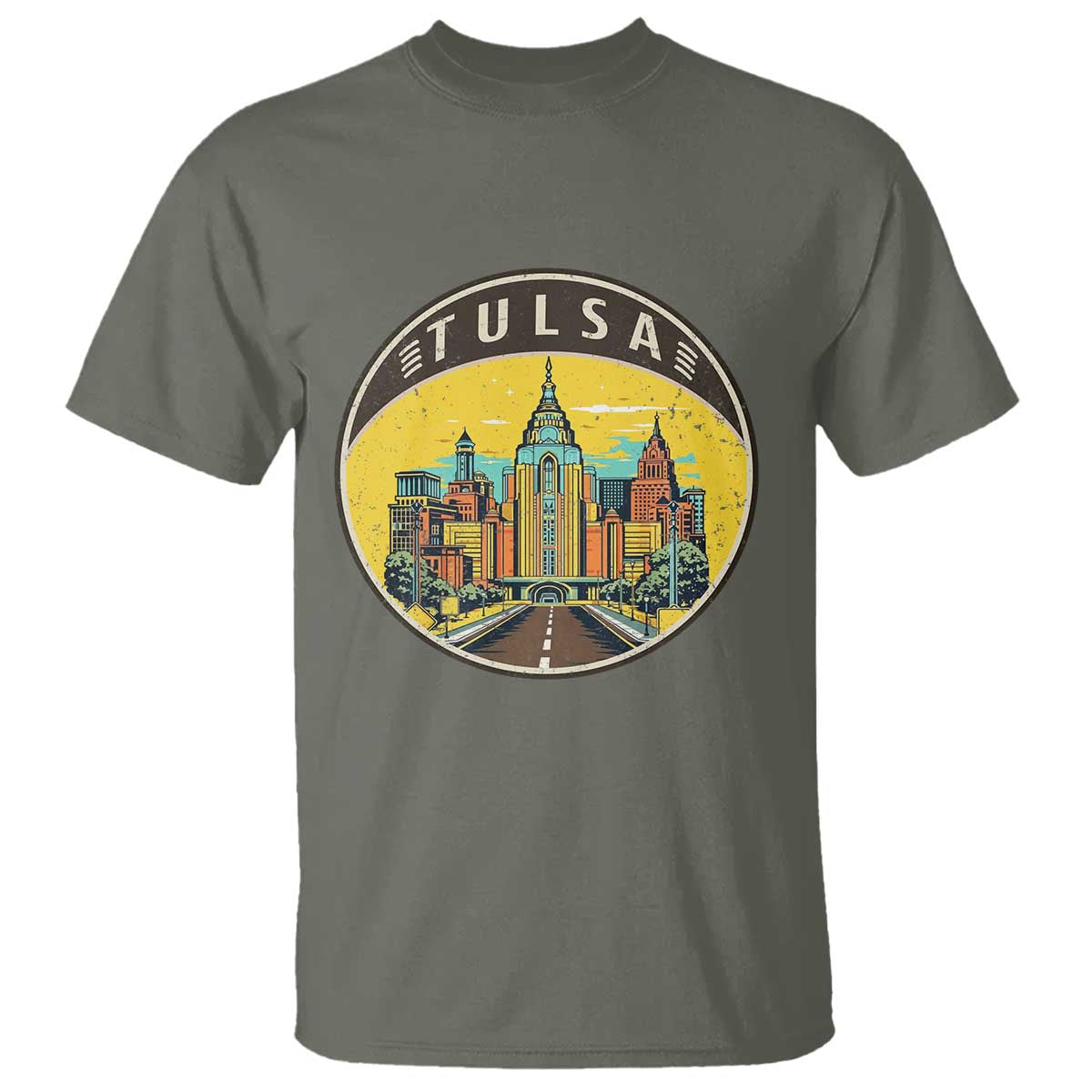 Vintage Tulsa Oklahoma Cityscape Pride T Shirt TS12 Military Green Print Your Wear