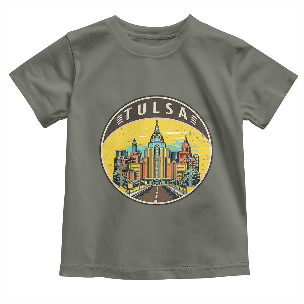 Vintage Tulsa Oklahoma Cityscape Pride Toddler T Shirt TS12 Military Green Print Your Wear