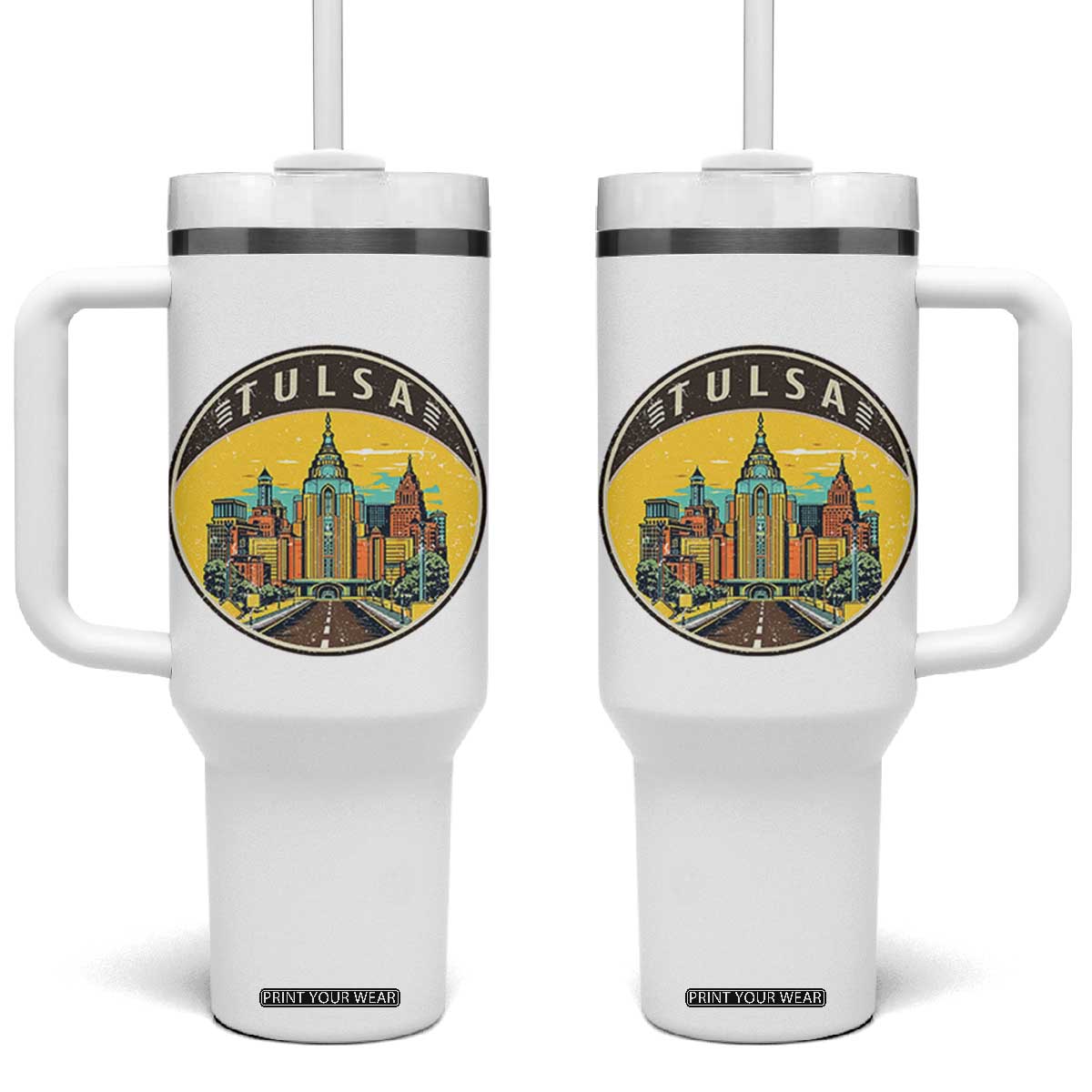 Vintage Tulsa Oklahoma Cityscape Pride Tumbler With Handle TS12 One Size: 40 oz White Print Your Wear