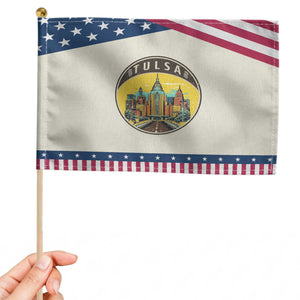 Vintage Tulsa Oklahoma Cityscape Pride Patriotic Handheld Flag TS12 Modern 8.2" × 5.5" Beige Blue Print Your Wear