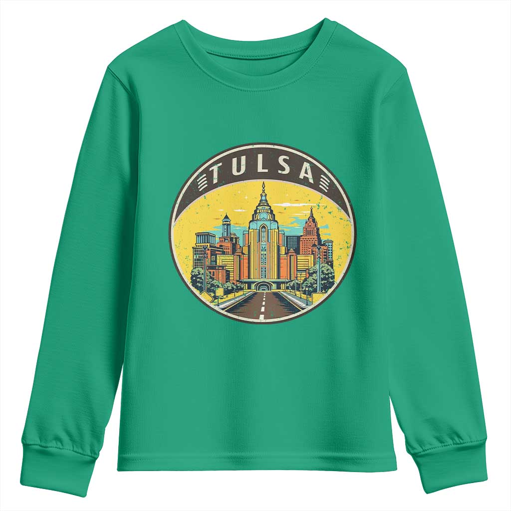 Vintage Tulsa Oklahoma Cityscape Pride Youth Sweatshirt TS12 Irish Green Print Your Wear