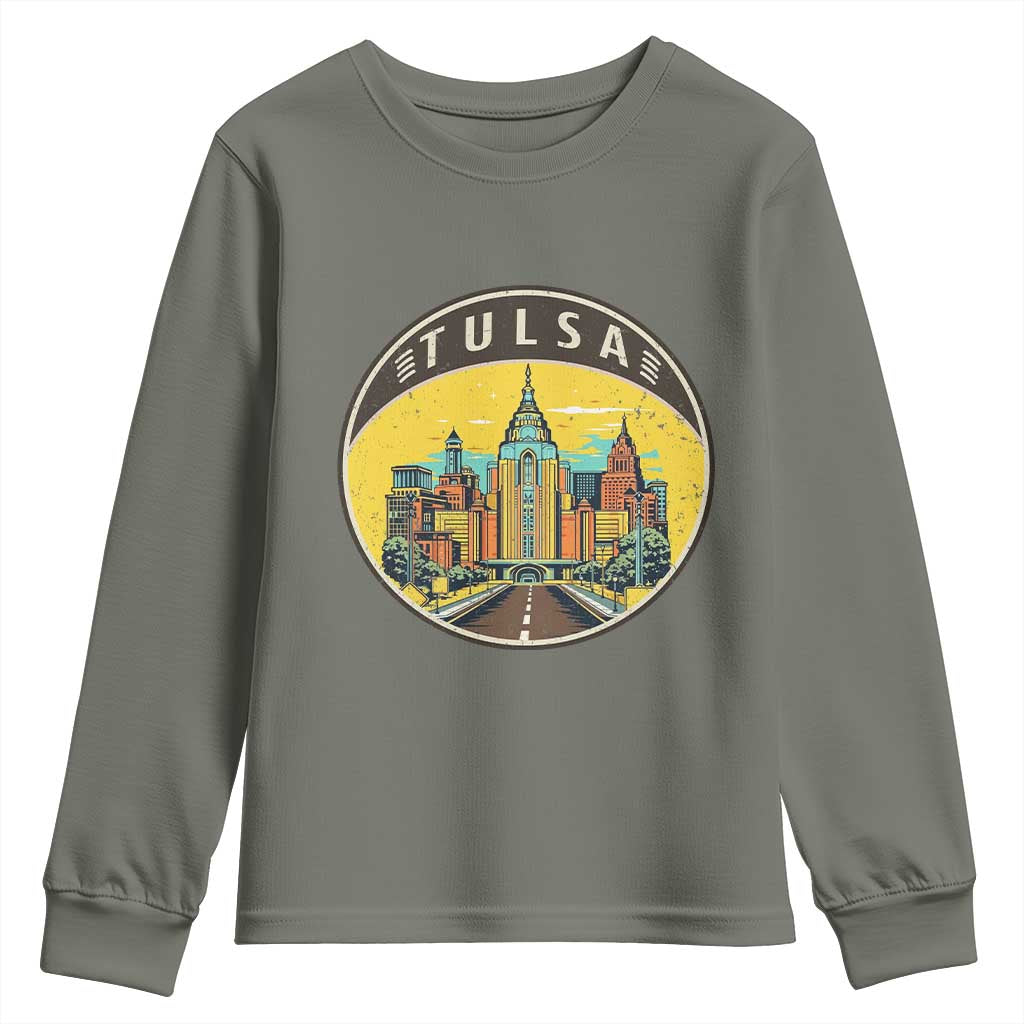 Vintage Tulsa Oklahoma Cityscape Pride Youth Sweatshirt TS12 Military Green Print Your Wear