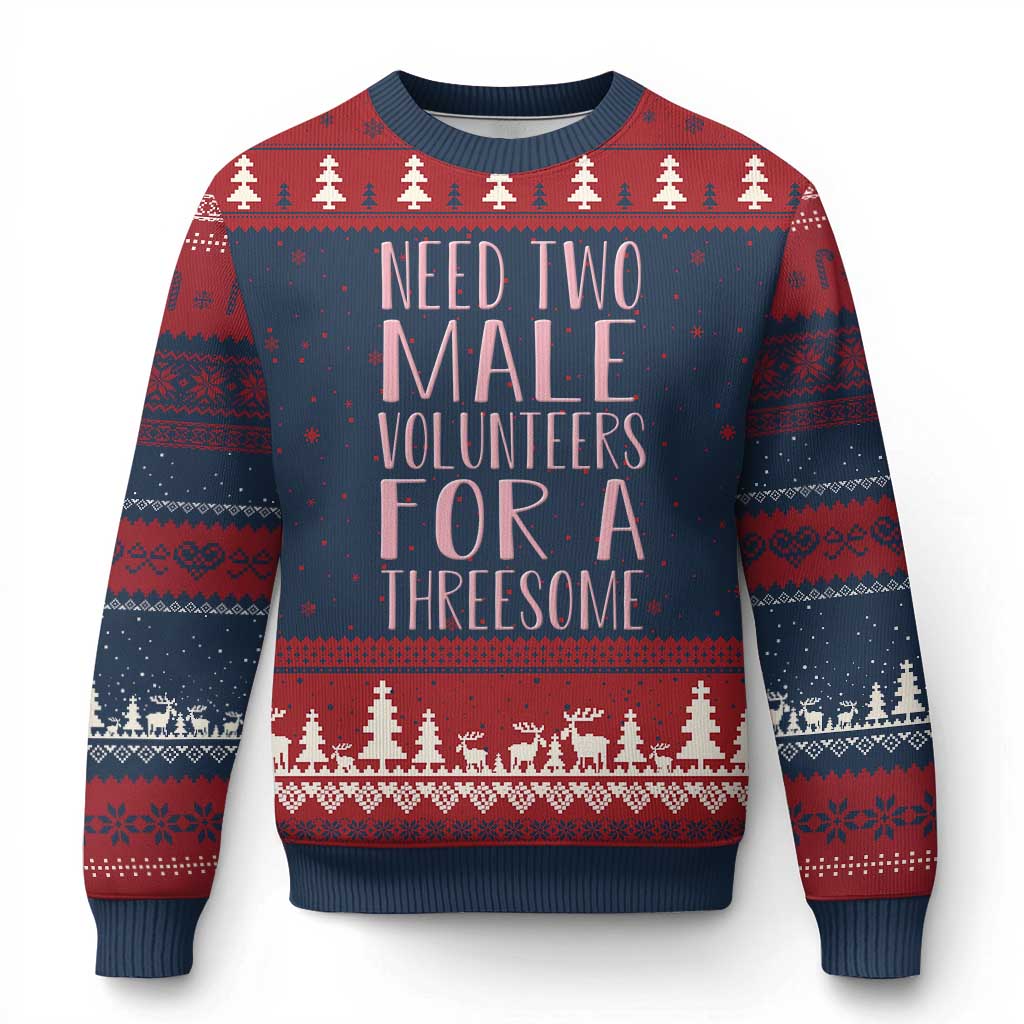 Dirty Joke Gag Gift Ugly Christmas Sweater Need Two Male Volunteers For A Threesome TS12 Navy Red Print Your Wear