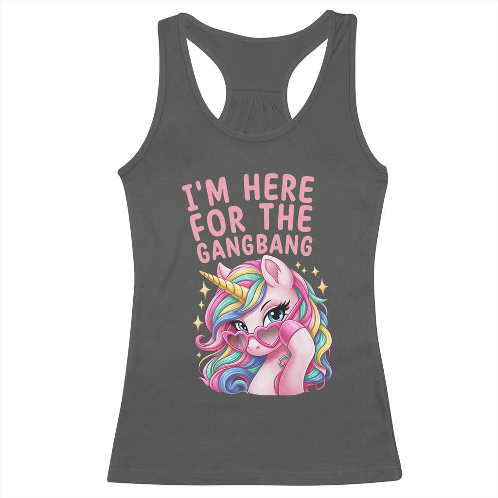 Funny Adult Humor Racerback Tank Top I Am Here For The Gangb*ng TS12 Dark Heather Print Your Wear