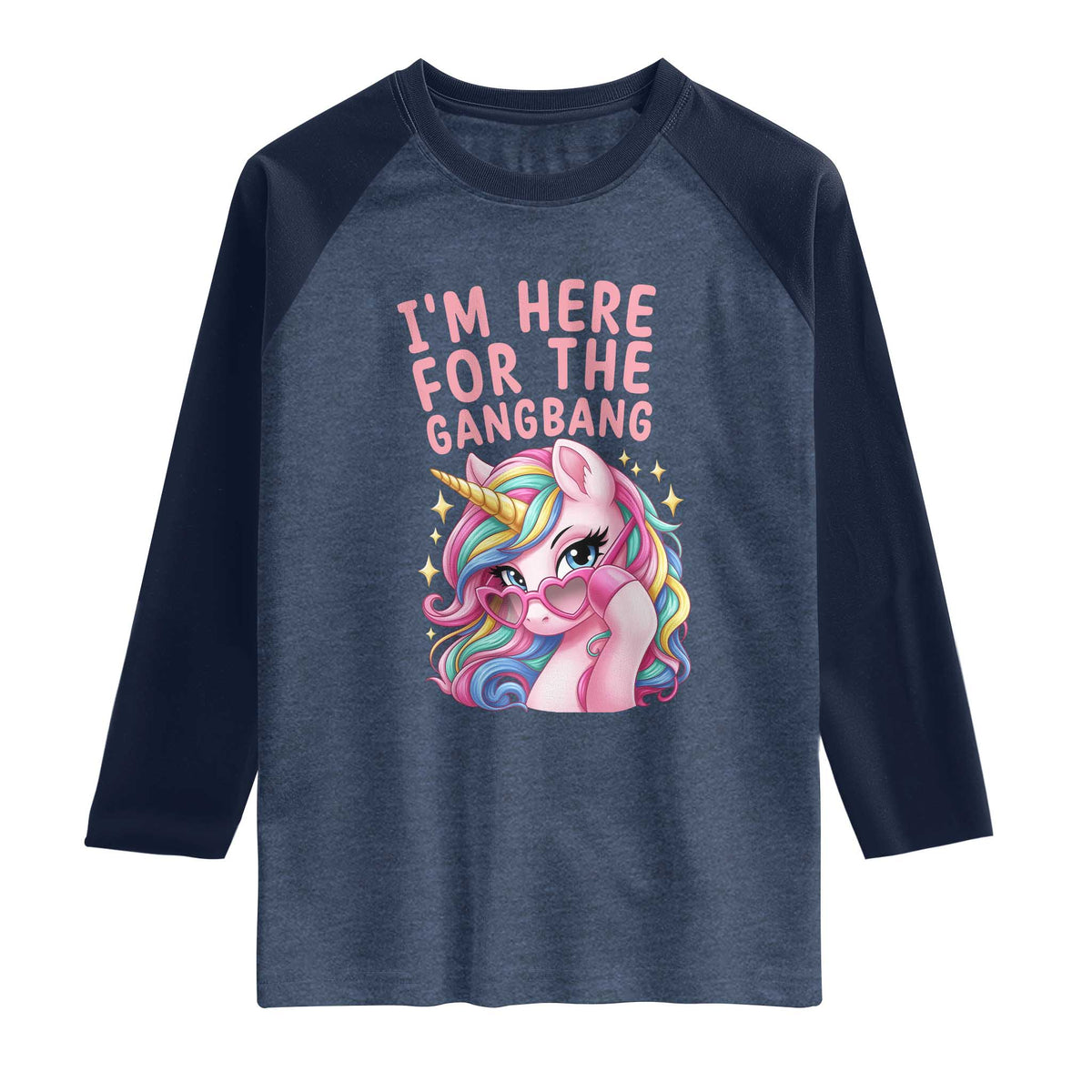 Funny Adult Humor Raglan Shirt I Am Here For The Gangb*ng TS12 Heather Denim Navy Print Your Wear