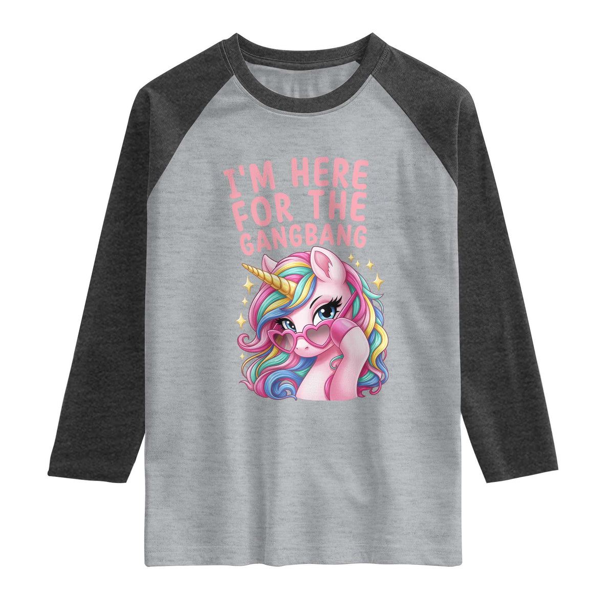 Funny Adult Humor Raglan Shirt I Am Here For The Gangb*ng TS12 Heather Gray Heather Charcoal Print Your Wear