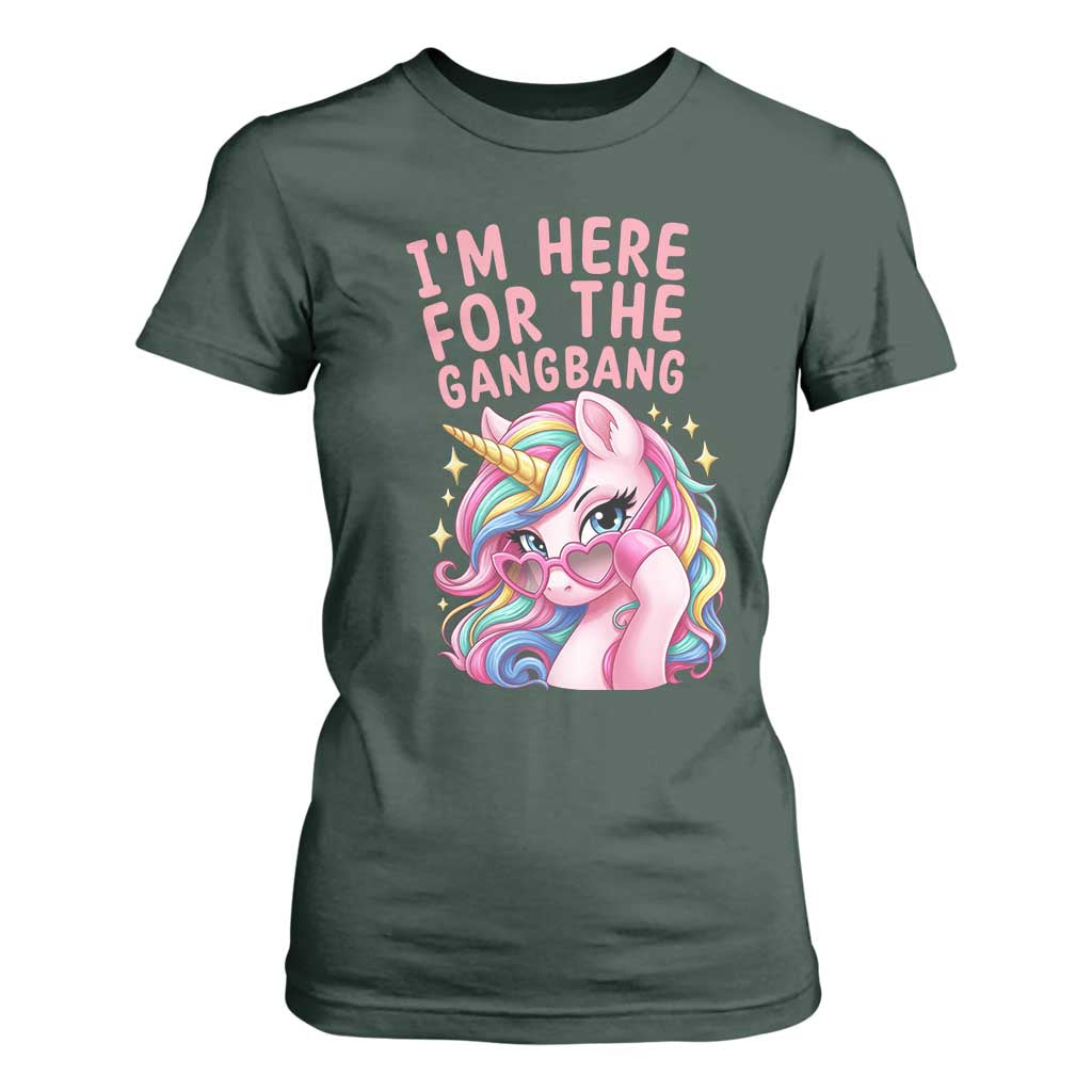 Funny Adult Humor T Shirt For Women I Am Here For The Gangb*ng TS12 Dark Forest Green Print Your Wear