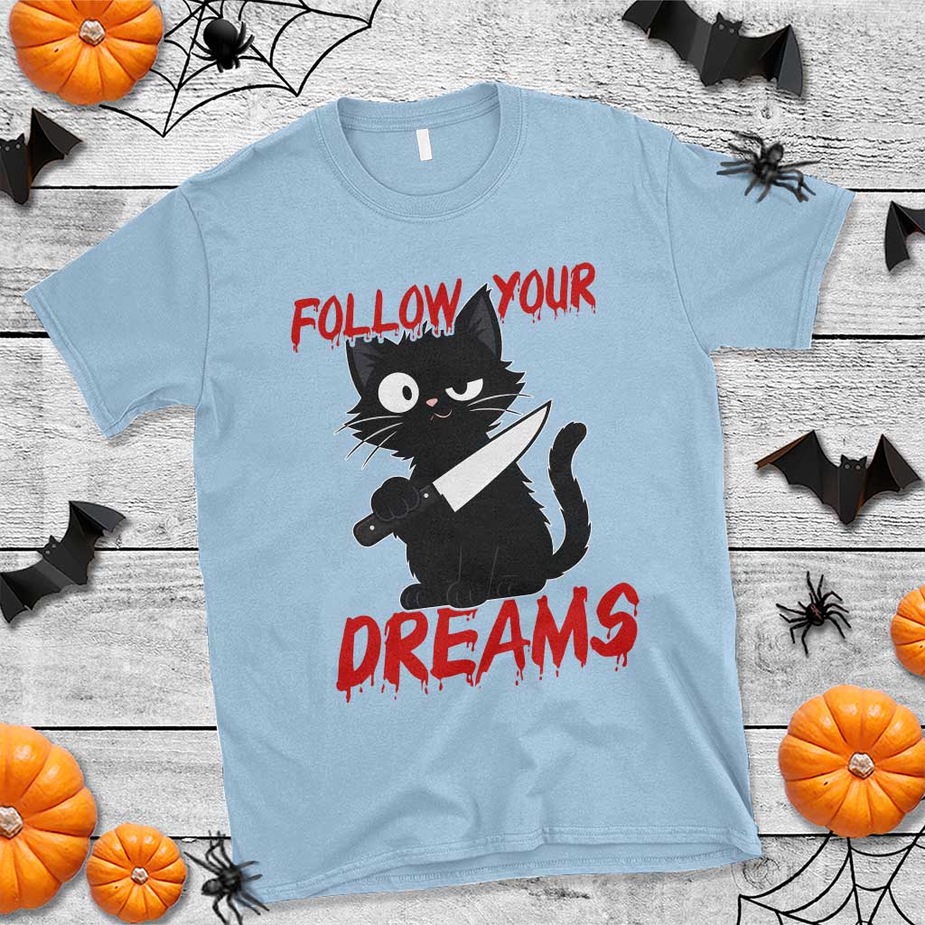 Killer Black Cat Halloween T Shirt Follow Your Dreams TS12 Light Blue Print Your Wear