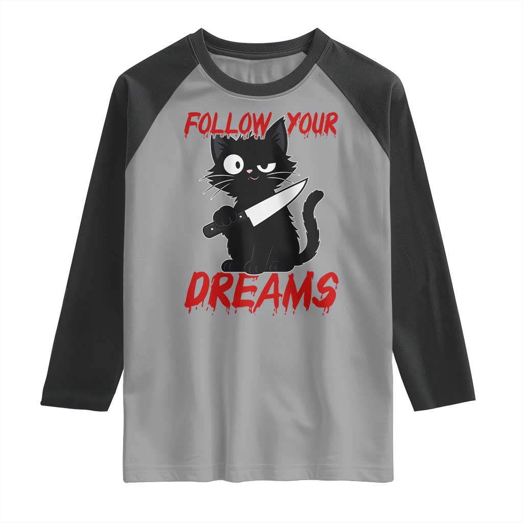 Killer Black Cat Halloween Raglan Shirt Follow Your Dreams TS12 Sport Gray Black Print Your Wear