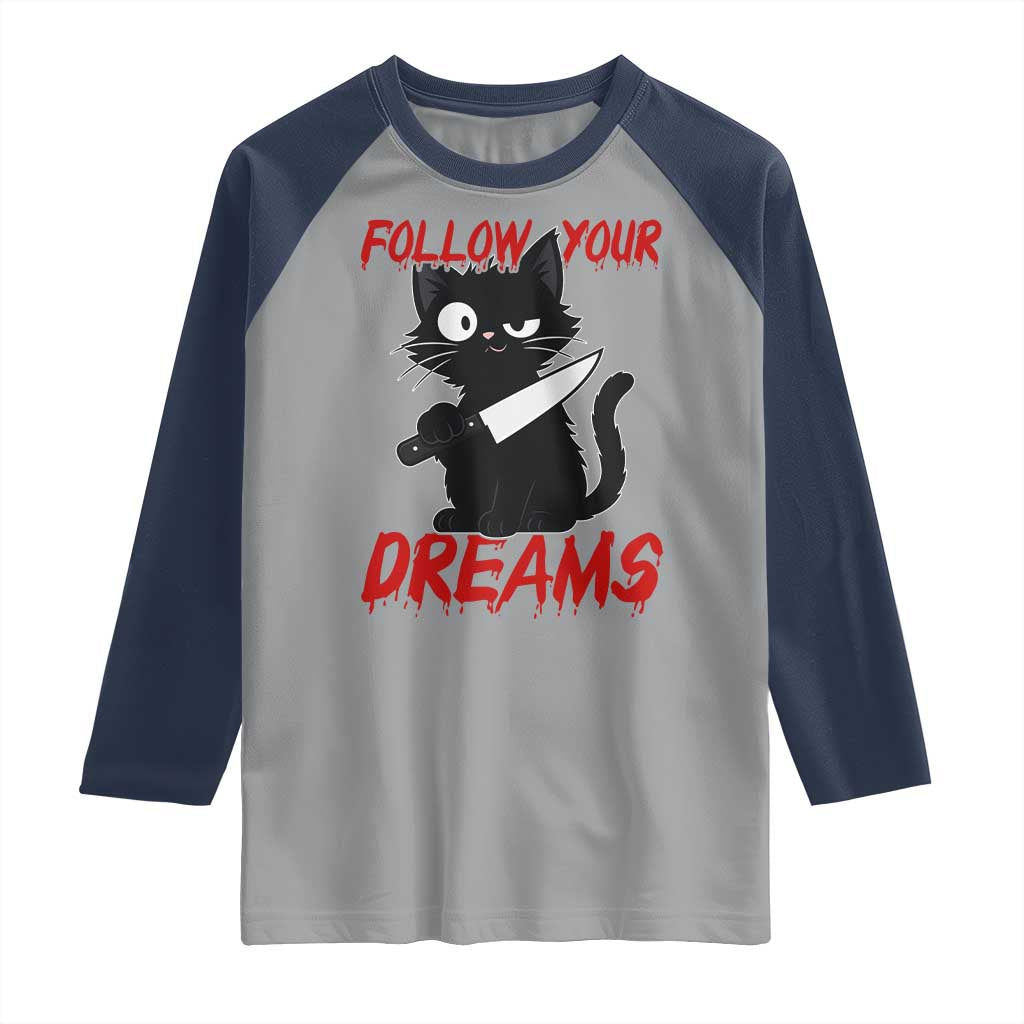 Killer Black Cat Halloween Raglan Shirt Follow Your Dreams TS12 Sport Gray Navy Print Your Wear