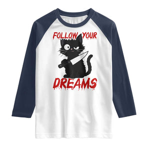 Killer Black Cat Halloween Raglan Shirt Follow Your Dreams TS12 White Navy Print Your Wear