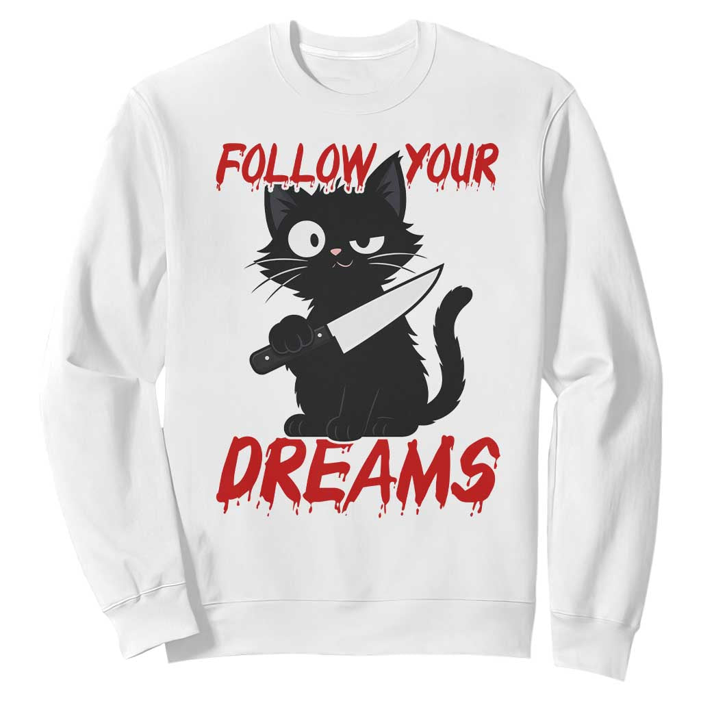 Killer Black Cat Halloween Sweatshirt Follow Your Dreams TS12 White Print Your Wear