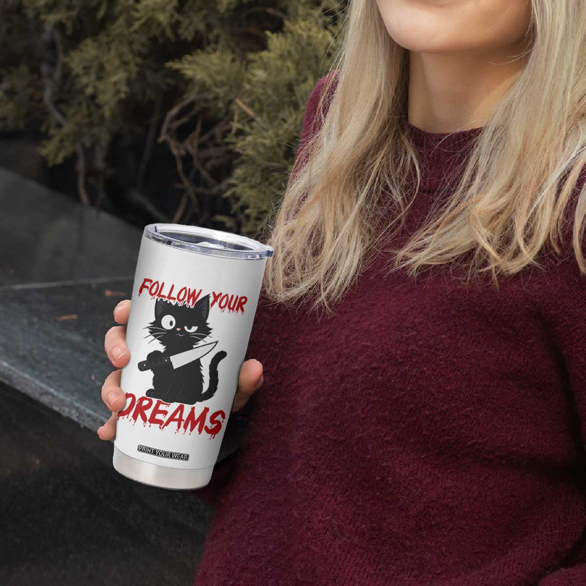 Killer Black Cat Halloween Tumbler Cup Follow Your Dreams TS12 Print Your Wear