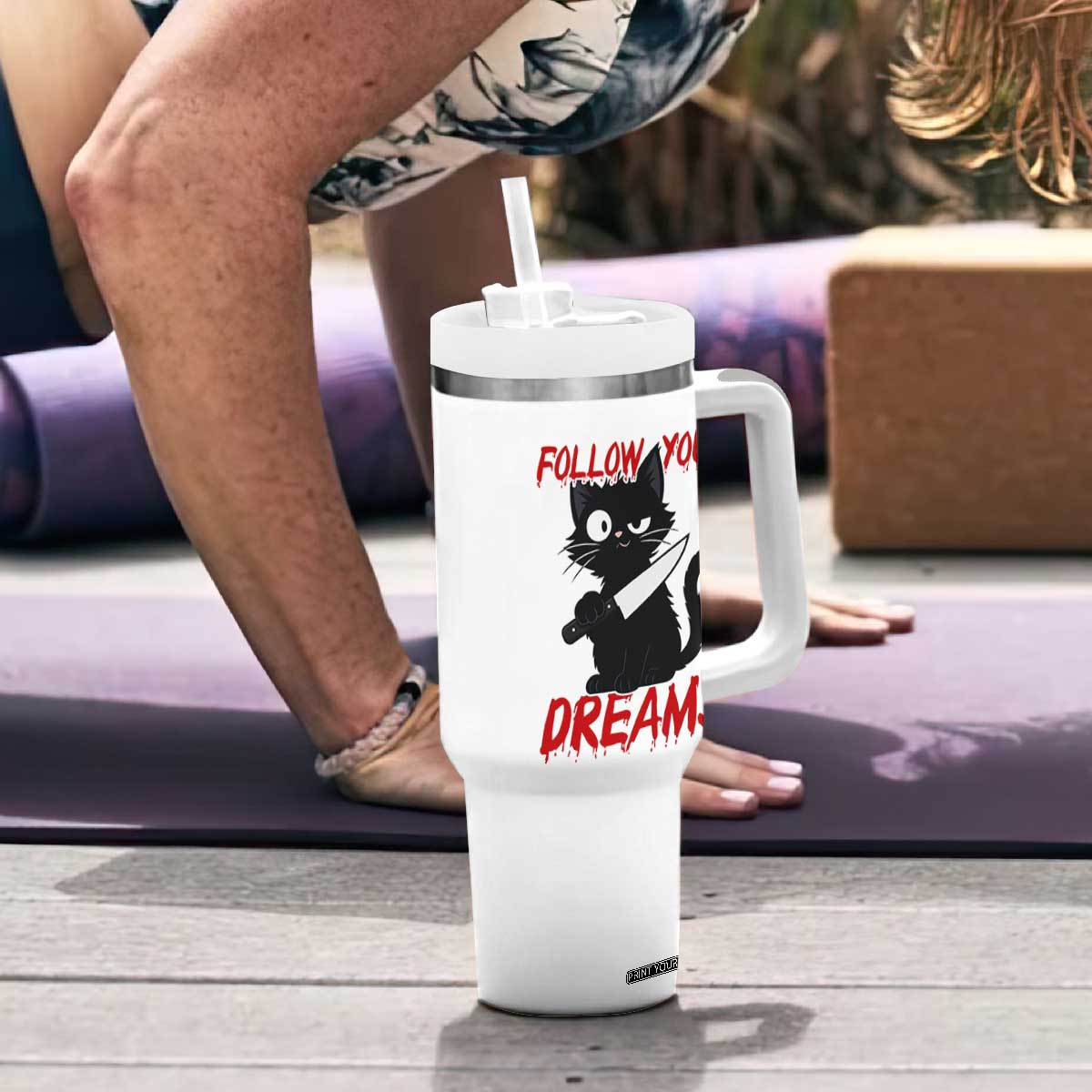 Killer Black Cat Halloween Tumbler With Handle Follow Your Dreams TS12 Print Your Wear