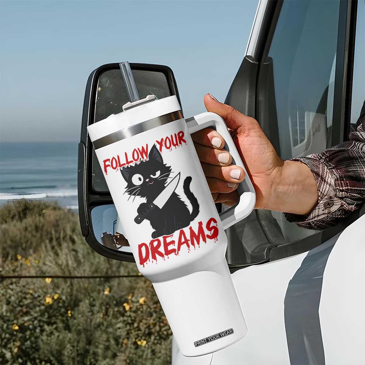 Killer Black Cat Halloween Tumbler With Handle Follow Your Dreams TS12 Print Your Wear
