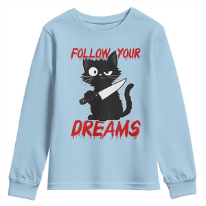 Killer Black Cat Halloween Youth Sweatshirt Follow Your Dreams TS12 Light Blue Print Your Wear