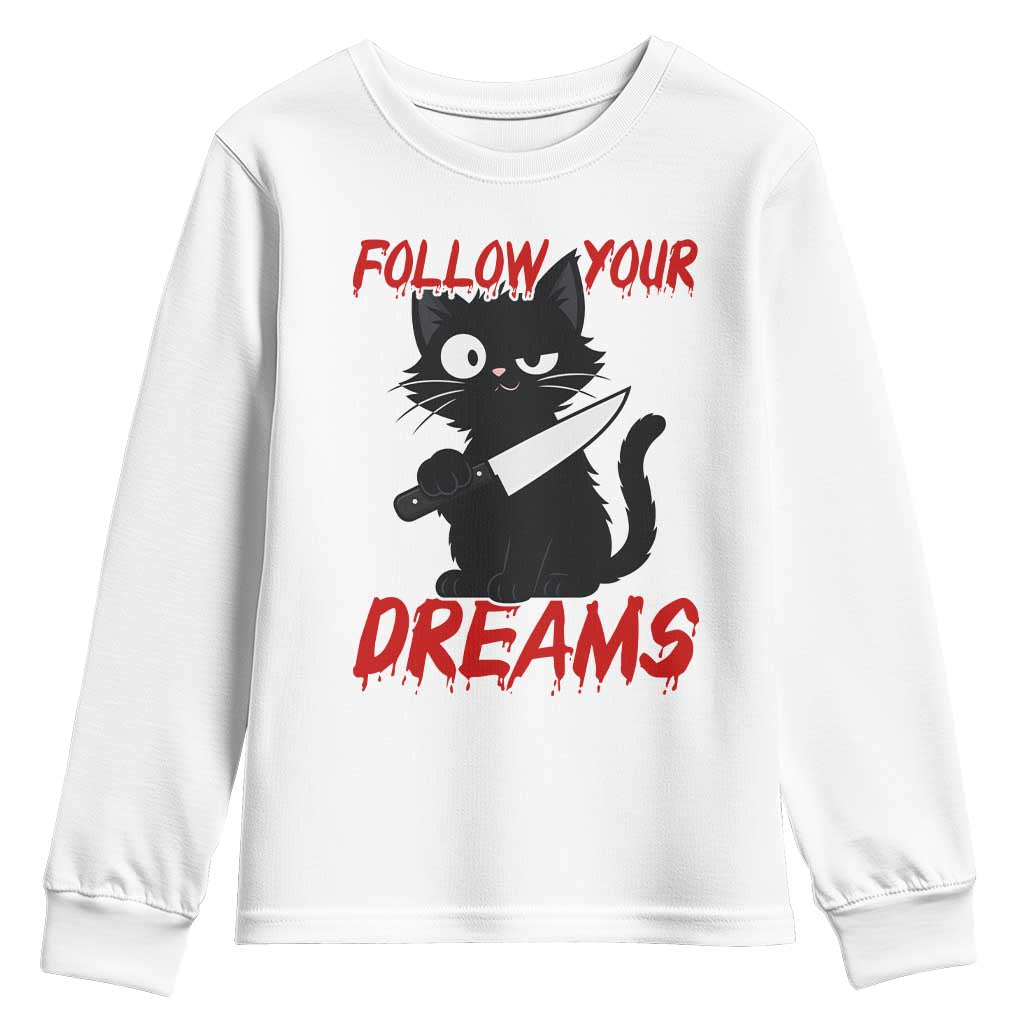 Killer Black Cat Halloween Youth Sweatshirt Follow Your Dreams TS12 White Print Your Wear