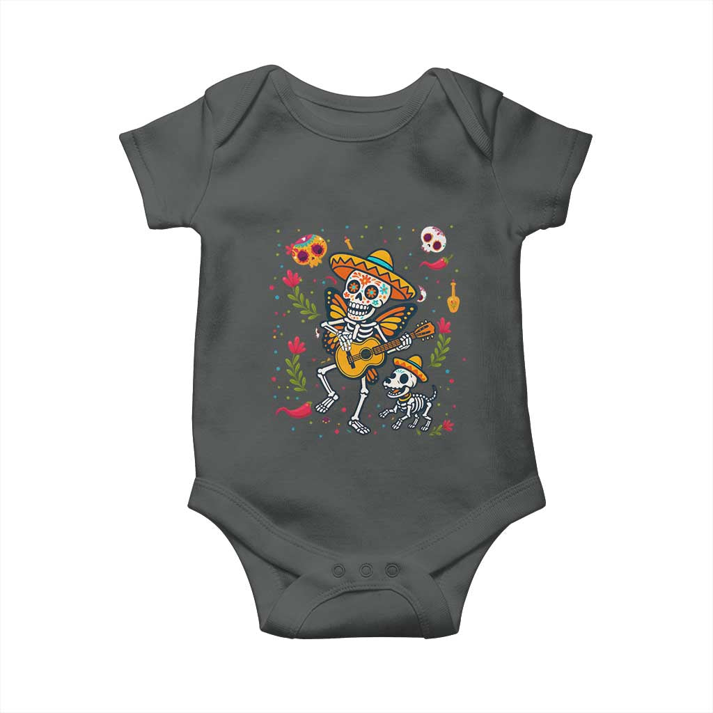 Day Of The Dead Skeleton Baby Onesie Playing Guitar With Dog Mexican Festival TS12 Dark Heather Print Your Wear