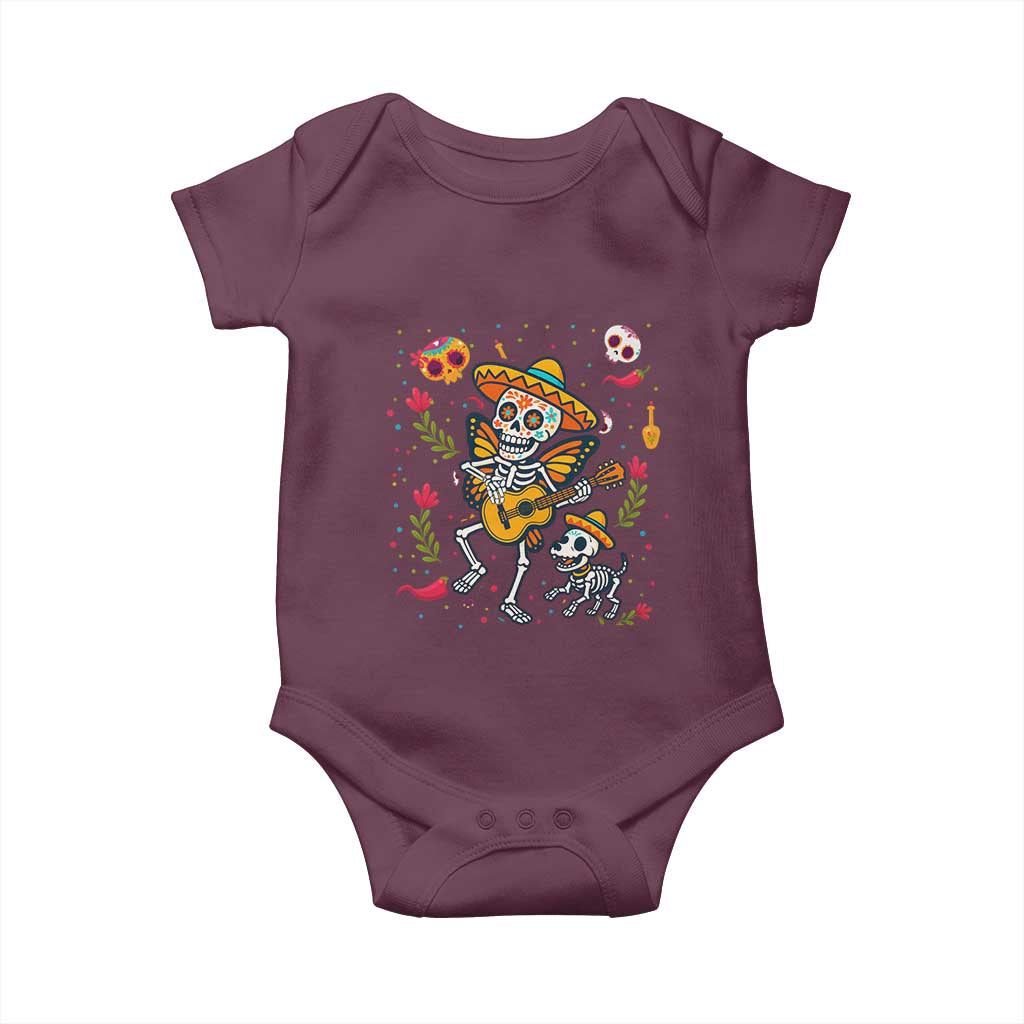 Day Of The Dead Skeleton Baby Onesie Playing Guitar With Dog Mexican Festival TS12 Maroon Print Your Wear