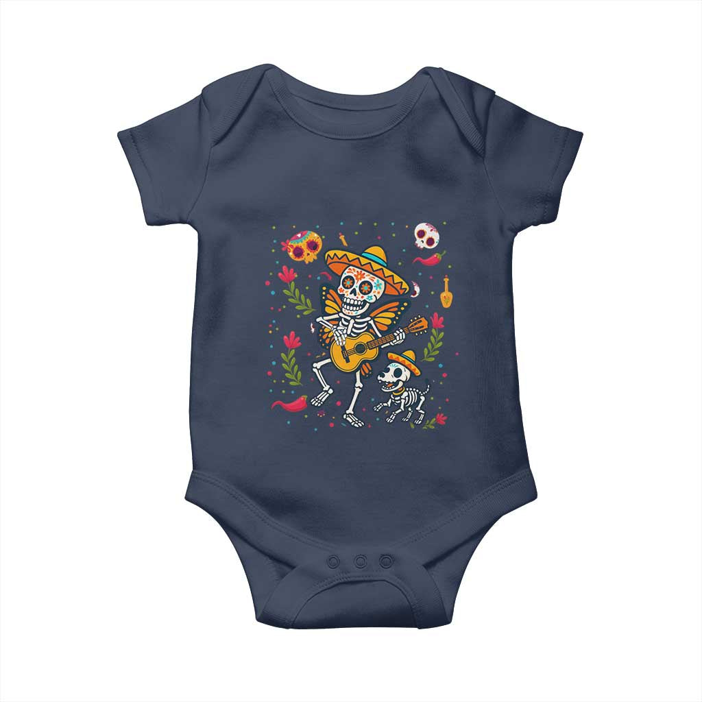 Day Of The Dead Skeleton Baby Onesie Playing Guitar With Dog Mexican Festival TS12 Navy Print Your Wear