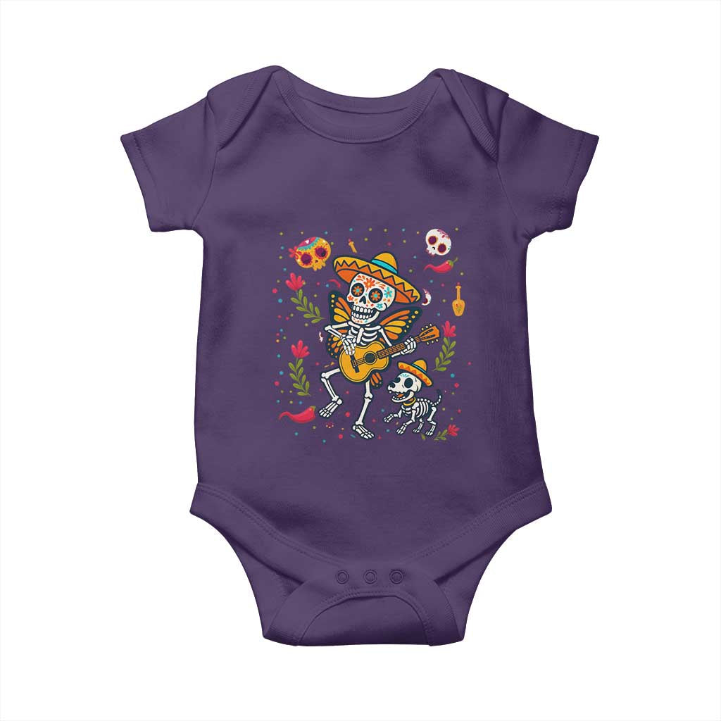 Day Of The Dead Skeleton Baby Onesie Playing Guitar With Dog Mexican Festival TS12 Purple Print Your Wear
