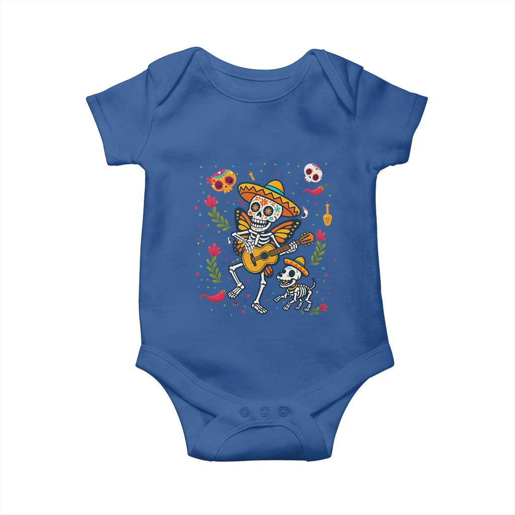 Day Of The Dead Skeleton Baby Onesie Playing Guitar With Dog Mexican Festival TS12 Royal Blue Print Your Wear