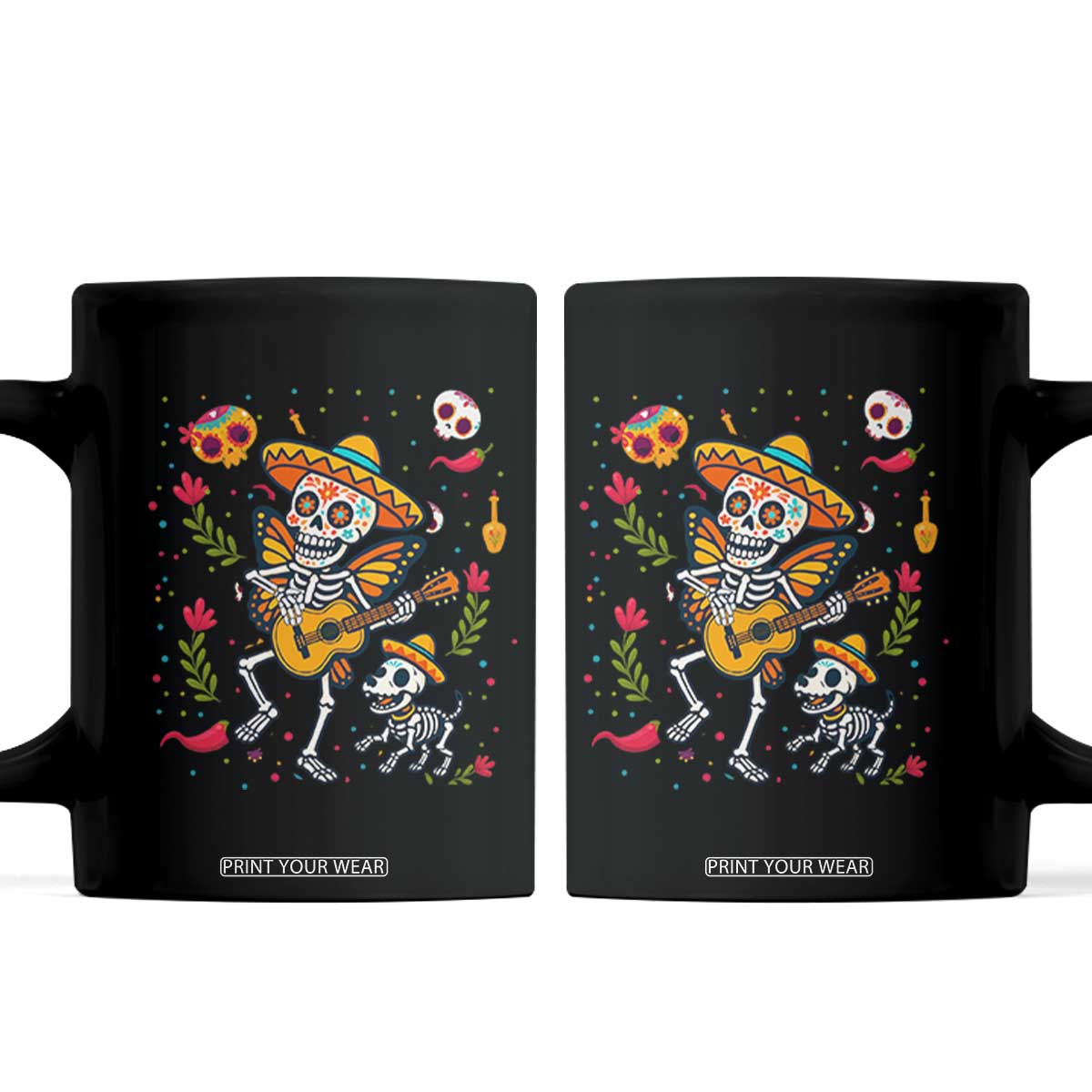 Day Of The Dead Skeleton Coffee Mug Playing Guitar With Dog Mexican Festival TS12 Black Print Your Wear