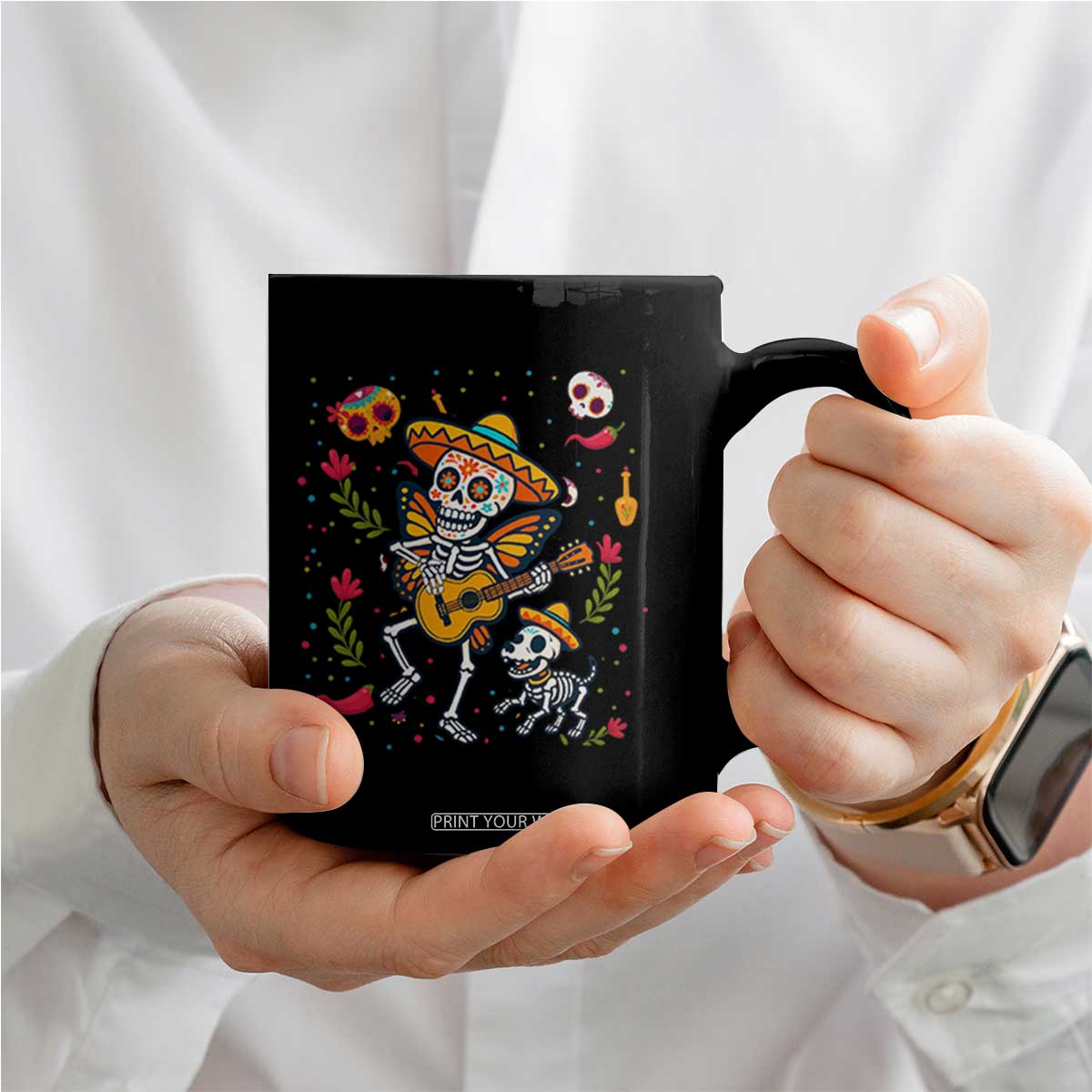Day Of The Dead Skeleton Coffee Mug Playing Guitar With Dog Mexican Festival TS12 Print Your Wear