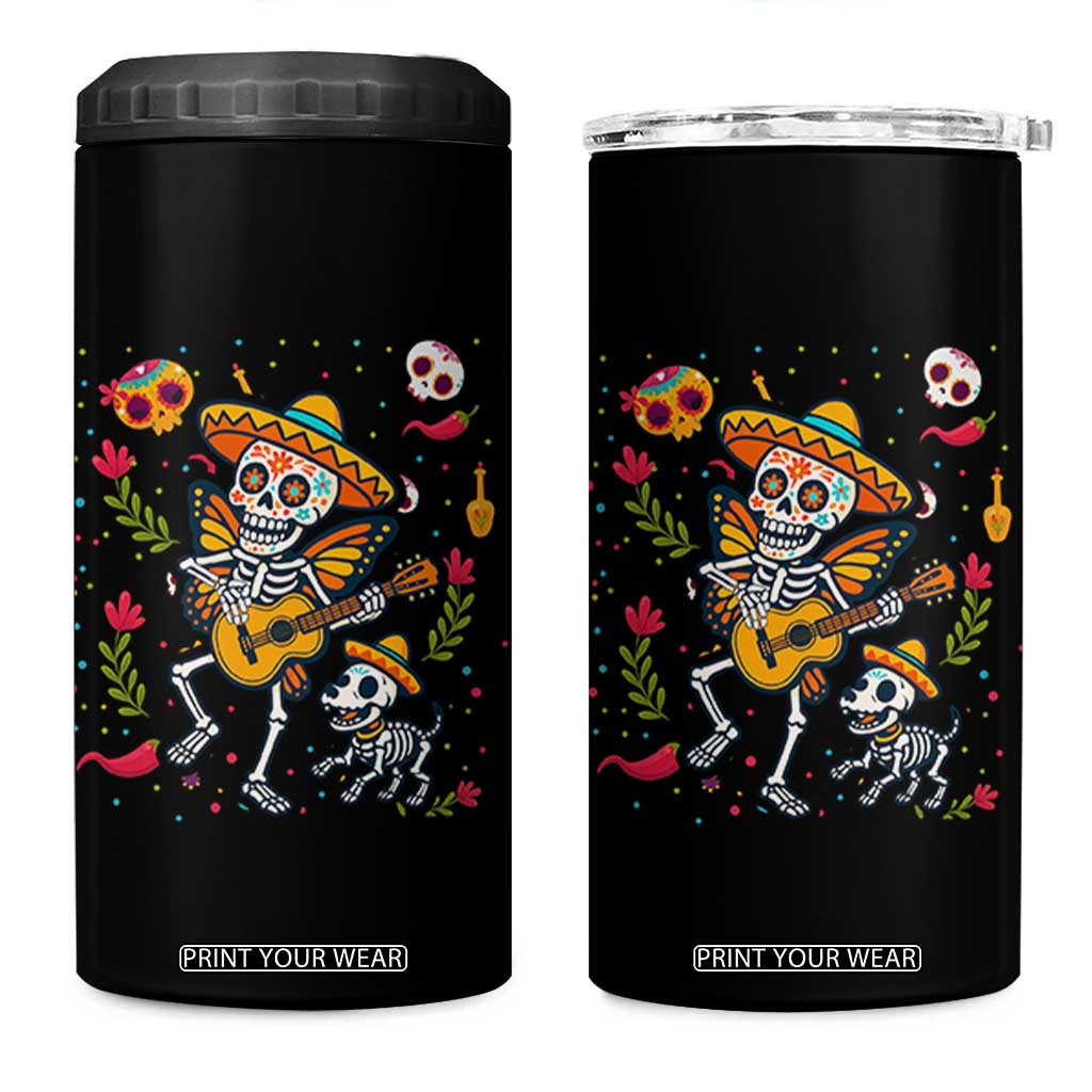 Day Of The Dead Skeleton 4 in 1 Can Cooler Tumbler Playing Guitar With Dog Mexican Festival TS12 One Size: 16 oz Black Print Your Wear