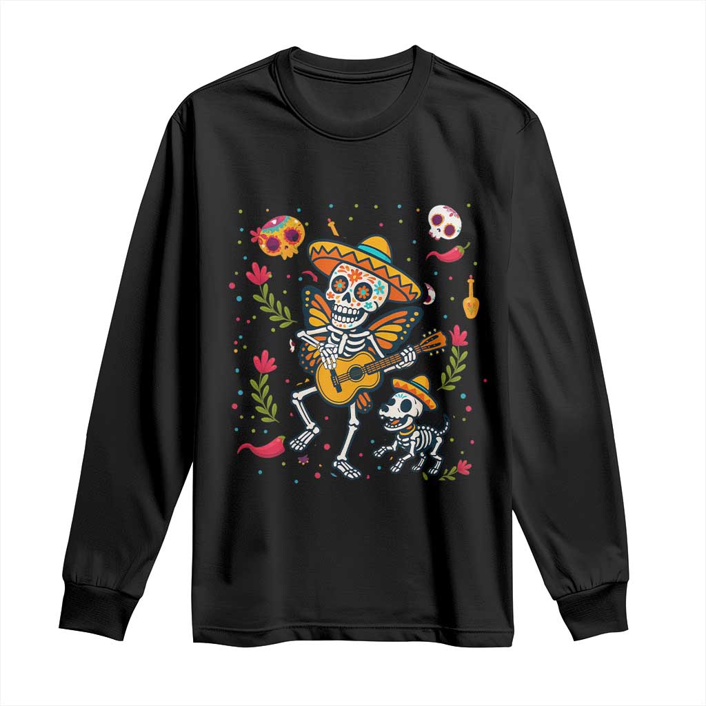 Day Of The Dead Skeleton Long Sleeve Shirt Playing Guitar With Dog Mexican Festival TS12 Black Print Your Wear
