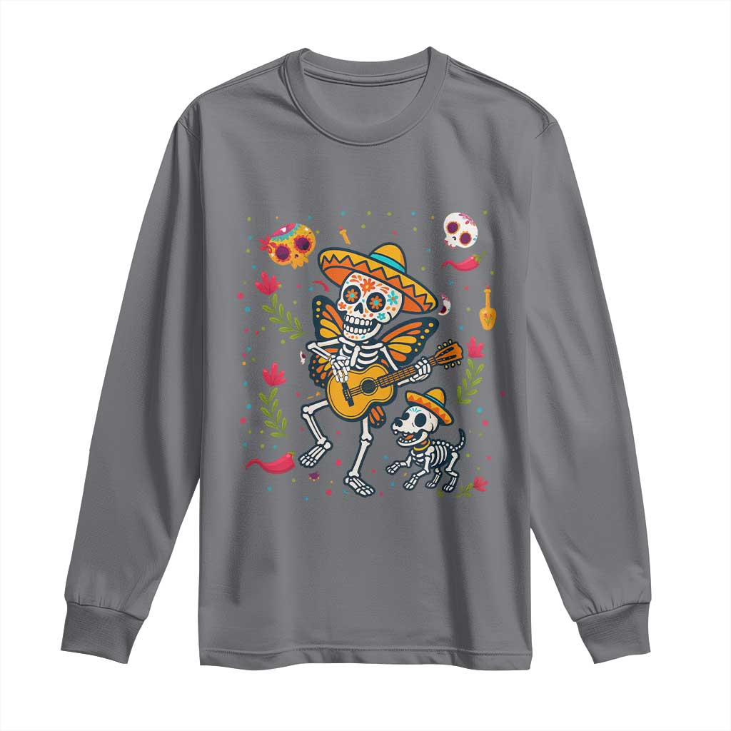 Day Of The Dead Skeleton Long Sleeve Shirt Playing Guitar With Dog Mexican Festival TS12 Charcoal Print Your Wear