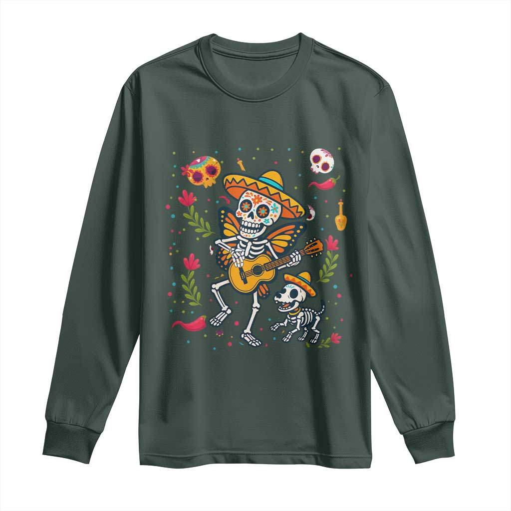 Day Of The Dead Skeleton Long Sleeve Shirt Playing Guitar With Dog Mexican Festival TS12 Dark Forest Green Print Your Wear